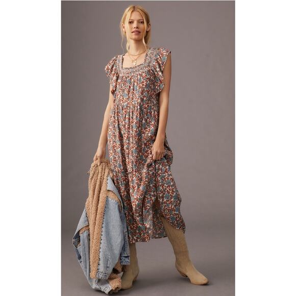 Anthropologie Dresses & Skirts - Moon River X Anthropologie XS Brown Floral Tiered Boho Flutter Sleeve MIDI Dress